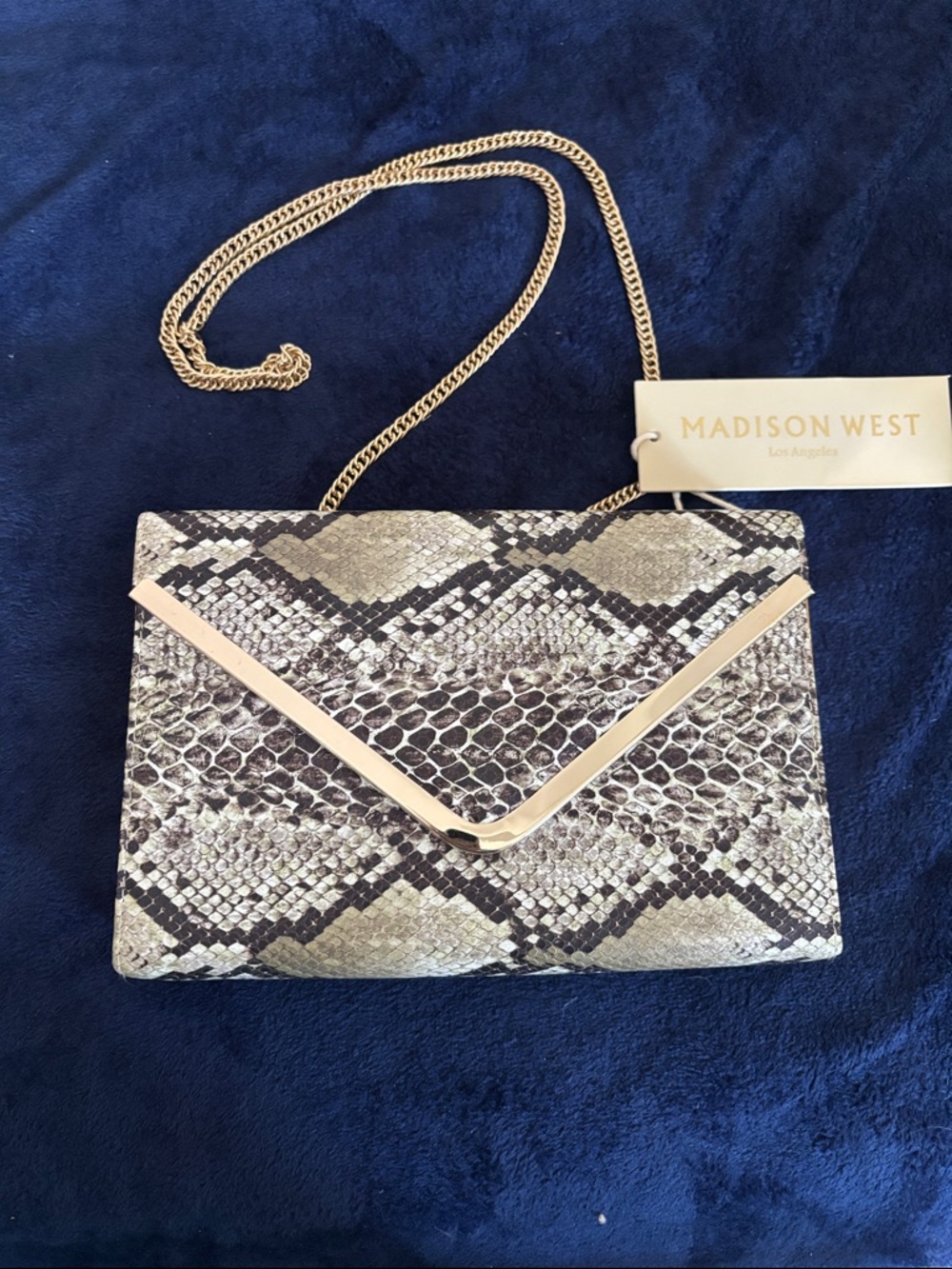 Madison West Snake-Print Envelope Clutch in Beige, Black and Gold Accent